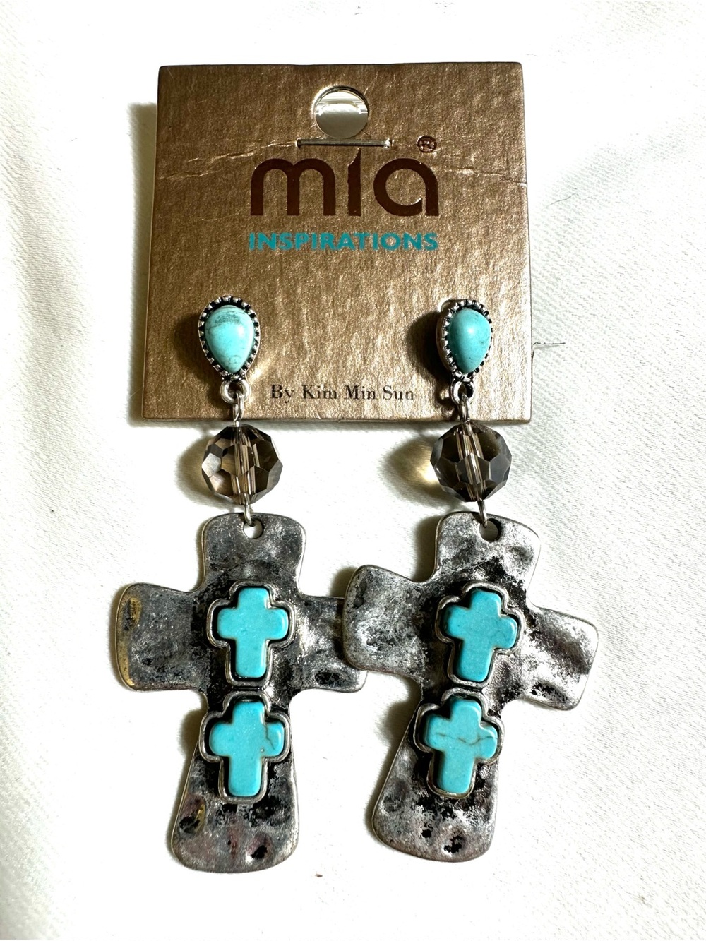 M53. Mia Inspirations Turquoise Cross Silver Statement Dangle Earrings NWT